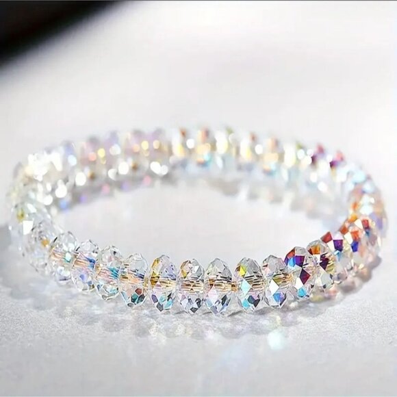 Handmade AB Austrian Crystal Rondelle Bracelet – 8mm Iridescent Stretch Beads - Picture 1 of 11
